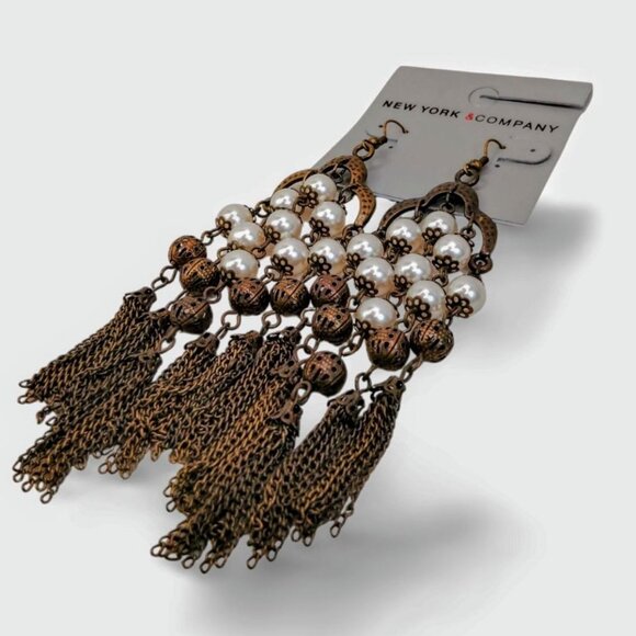 Boho Glam Deadstock Antique Gold Tone Faux Pearl 4.5" Dangle Earrings JW1534 - Picture 4 of 5